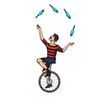recommend clip art: Circus juggler engraving sketch hand drawn color raster illustration. Scratch board style imitation. Hand drawn image.