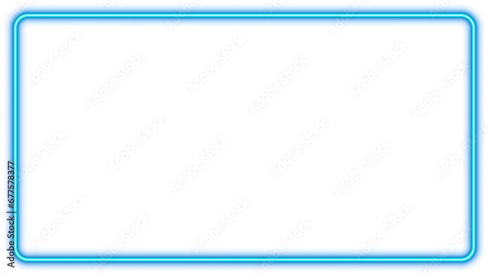 Poster Blue rectangle neon frame, light sign box, outline border with space for text with 15x8scale ratio for web presentation, thumbnail, banner, 16x9 work project, png isolated on transparent background.