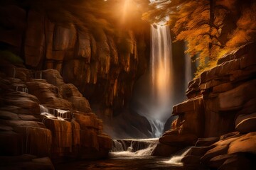 A majestic waterfall cascading down a rocky cliff, illuminated by the warm tones of the evening sun