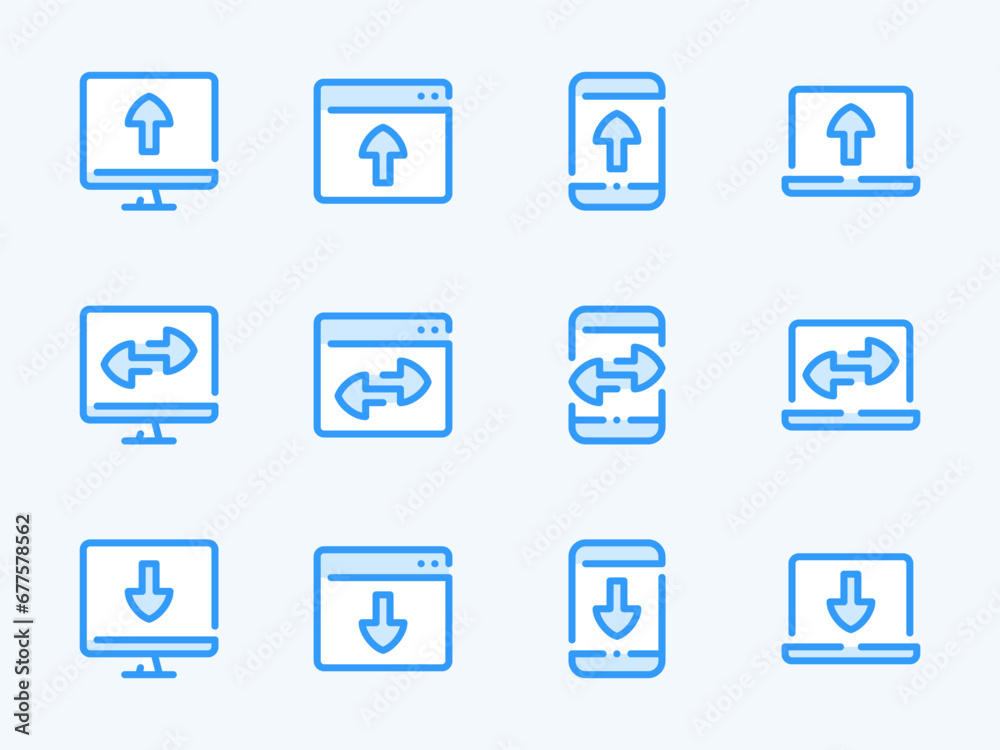 Poster synchronization and data exchange vector line icons. download and upload to devices outline icon set