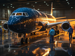 Fototapeta premium Airport Hangar Maintenance: Engineers at Work