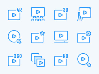 Video and Media Player vector line icons. Film and Movie outline icon set. Resolution, Play Content, Library, Cinema, Click to Play, Search, Add to Favorites and more.