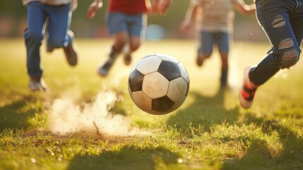 Naklejka premium Kids having fun playing soccer football. children's recreational activities. exercise. physical education. sport outdoors