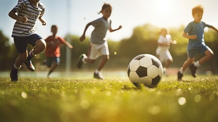 Kids having fun playing soccer football. children's recreational activities. exercise. physical education. sport outdoors