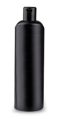 Black bottle of shampoo isolated on white background