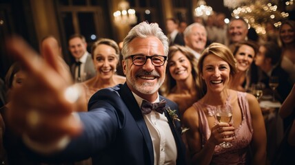 Grupo de gente adulta de 50 años haciendose un selfie mientras celebran una fiesta de jubilacion con cena. - obrazy, fototapety, plakaty