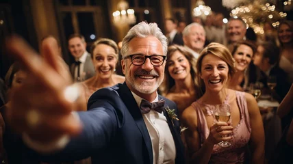 Foto op Canvas Grupo de gente adulta de 50 años haciendose un selfie mientras celebran una fiesta de jubilacion con cena. © Crowded Studio