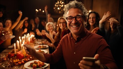 Grupo de gente adulta de 50 años haciendose un selfie mientras celebran una fiesta de jubilacion con cena. - obrazy, fototapety, plakaty