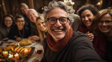Grupo de gente adulta de 50 años haciendose un selfie mientras celebran una fiesta de jubilacion con cena.