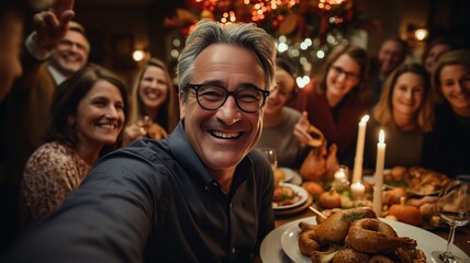 Grupo de gente adulta de 50 años haciendose un selfie mientras celebran una fiesta de jubilacion con cena.