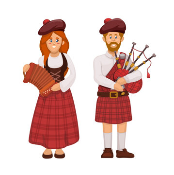 Scotland People In Uniform Playing Traditional Music Instrument Character Illustration Vector