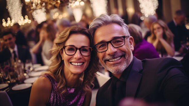 Grupo de gente adulta de 50 a&ntilde;os haciendose un selfie mientras celebran una fiesta de jubilacion con cena.