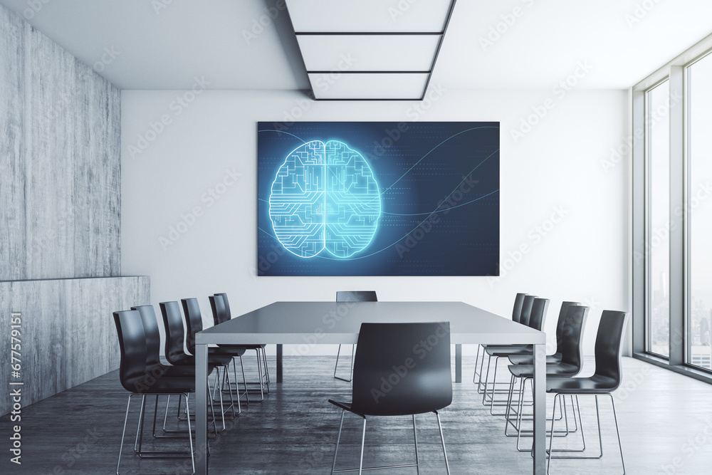 Aufkleber creative human brain microcircuit on presentation monitor in a modern boardroom. future technology a