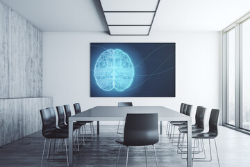 Creative human brain microcircuit on presentation monitor in a modern boardroom. Future technology and AI concept. 3D Rendering