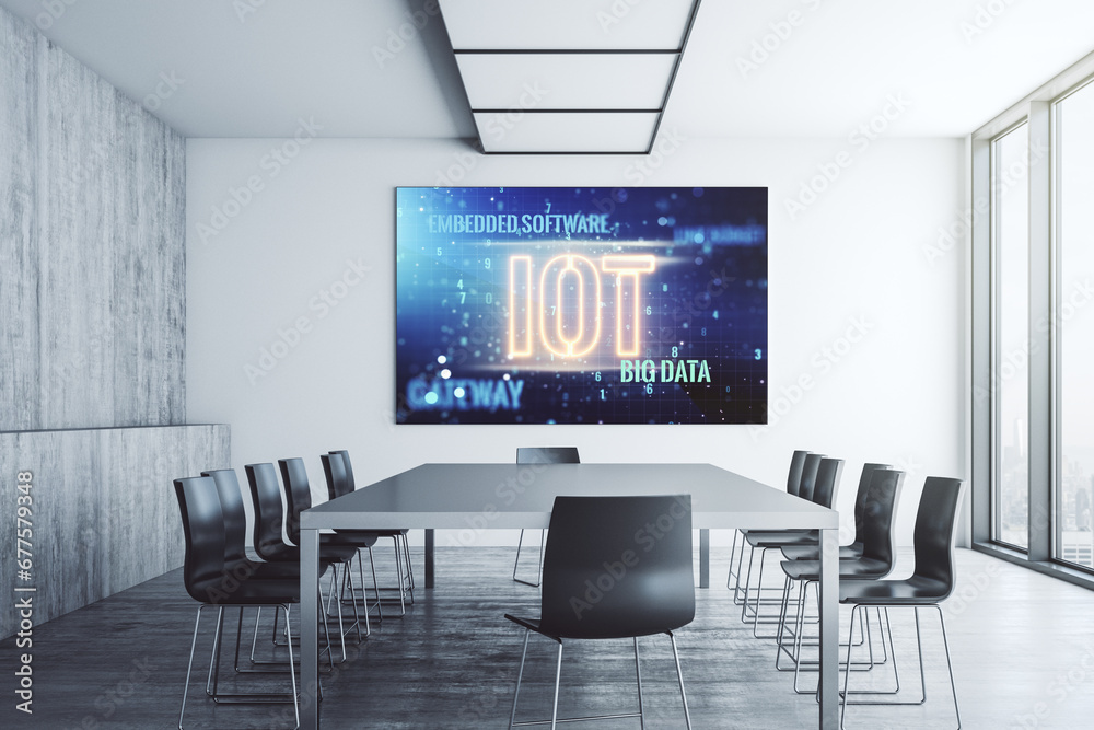 Poster creative iot hologram on presentation monitor in a modern boardroom, internet of things concept. 3d 
