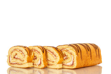 One delicious cherry roll cut into slices, macro, isolated on white background.