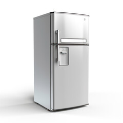 Top Mount Fridge Isolated on White Background. Side View of Stainless Steel Double Door Refrigerator. Modern Kitchen and Household Domestic Appliances. Full Frost Free Freezer.