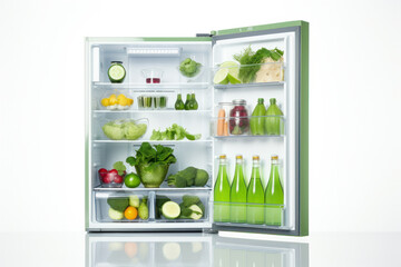 Studio shot of an open fridge full of healthy food products isolated on white background