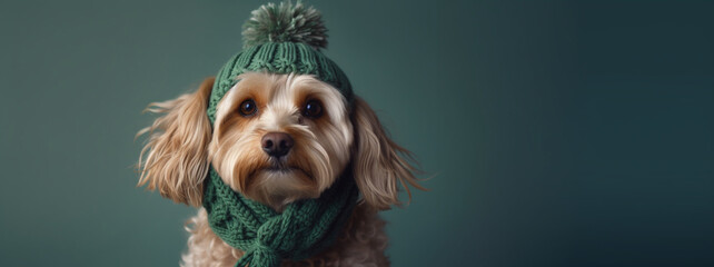 A dog in a green scarf and hat. AI Generated