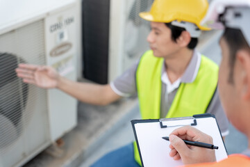 Engineers use check list check air condition systems on site. Contractor and inspector inspection compressor during project. maintenance team check quality assurance. Audit, inspect, quality. - obrazy, fototapety, plakaty