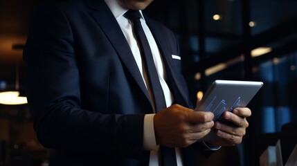 Business executive managing stock investments on tablet