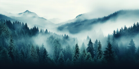 Misty mountain landscape with fir forest in vintage retro style. Generative AI - 677580350