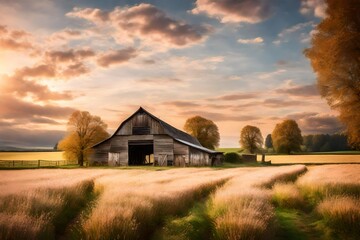 A serene countryside scene with a rustic barn, surrounded by fields, as the sky transforms into a canvas of pastel shades - Powered by Adobe