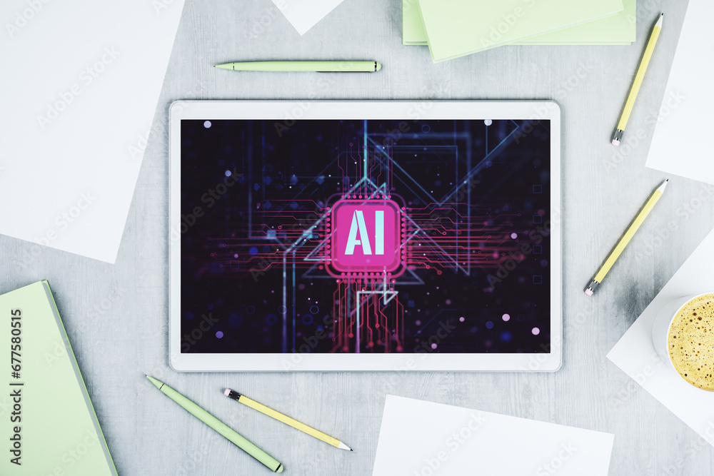 Aufkleber Creative artificial Intelligence symbol concept on modern digital tablet display. Top view. 3D Rendering