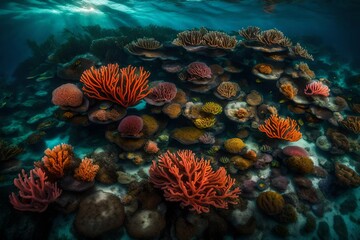 A vibrant coral reef beneath the surface of calm waters, illuminated by the soft light of the evening sun