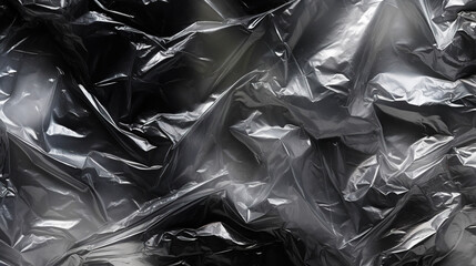 Transparent wrinkled plastic wrap on black background. Crumpled dark thin plastic backdrop. Generative AI - obrazy, fototapety, plakaty