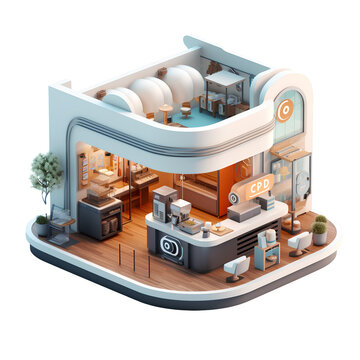 Isometric view image of a modern coffee shop on a transparent background PNG