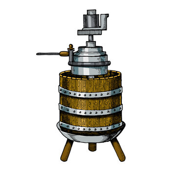 recommend clip art: Mechanical wine press engraving sketch style hand drawn color raster illustration. Scratch board style imitation. Hand drawn image.