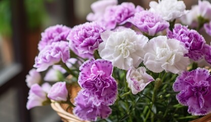 bouquet of purple and white carnation flowers in a basket. Mother's Day Concept. Valentine's Day Concept with a Copy Space. Springtime.