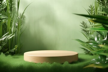 Wooden product display podium in green room with grass flowers and sunshine shadow background. Product presentation theme. Nature and Organic cosmetic, Generative AI