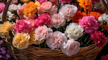 Bouquet of pink and orange carnation flowers in a basket. Mother's Day Concept. Valentine's Day Concept with a Copy Space. Springtime.