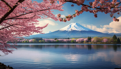 mountain and cherry blossoms generating by AI technology