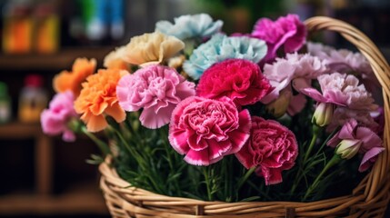 Bouquet of colorful carnation flowers in a wicker basket. Mother's Day Concept. Valentine's Day Concept with a Copy Space. Springtime.