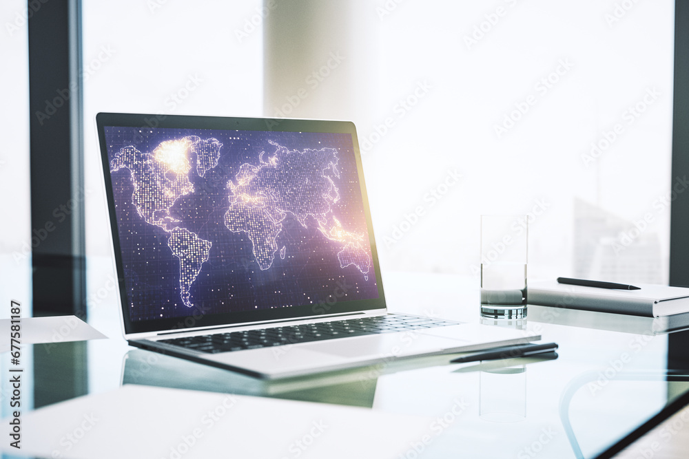 Fototapete modern computer screen with abstract creative digital world map, research and analytics concept. 3d 