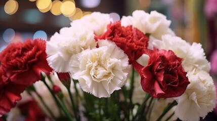 Bouquet of red and white carnation flowers on bokeh background. Mother's Day Concept. Valentine's Day Concept with a Copy Space. Springtime.