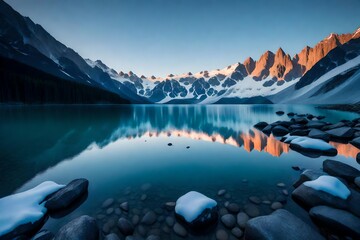 A serene glacial lake surrounded by towering mountains, the icy waters reflecting the colors of the twilight sky
