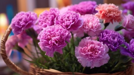 Beautiful purple carnation flowers in a wicker basket on the table. Mother's Day Concept. Valentine's Day Concept with a Copy Space. Springtime.