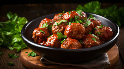 Homemade meatballs in tomato sauce with parsley - obrazy, fototapety, plakaty