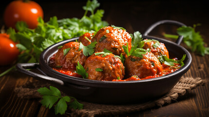 Homemade meatballs in tomato sauce with parsley - obrazy, fototapety, plakaty