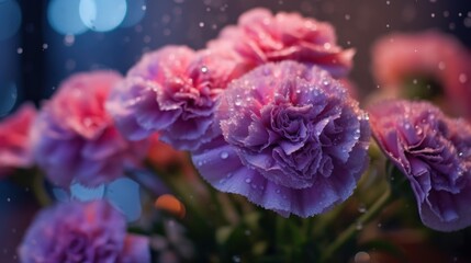 Bouquet of pink carnation flowers with water drops on bokeh background. Mother's Day Concept. Valentine's Day Concept with a Copy Space. Springtime.