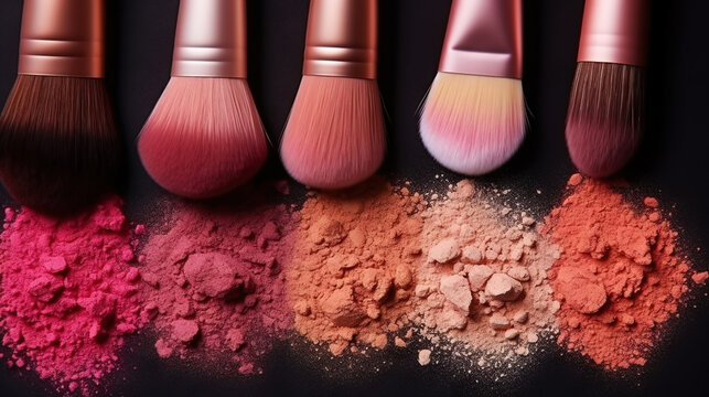 Variety pallet of broken makeup powder and blusher with soft brushes. Sample cosmetics concept. Generative AI