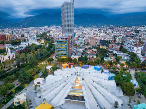 The Pyramid of Tirana aerial image after it was renovated. This building used to be a museum of the Albanian former dictator Enver Hoxha. 