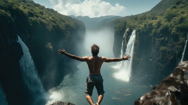 Man jumps into water of waterfalls.