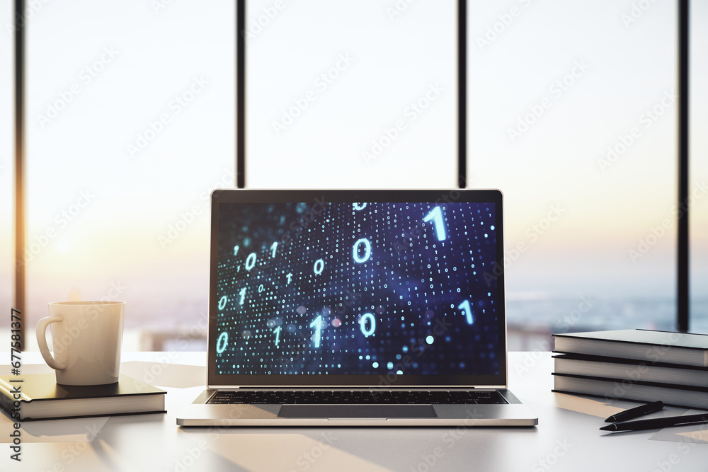 Poster Modern computer monitor with creative abstract binary code hologram. Database and programming concept. 3D Rendering