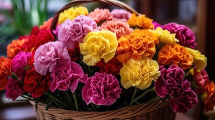 Bouquet of colorful carnation flowers in a basket. Mother's Day Concept. Valentine's Day Concept with a Copy Space. Springtime.