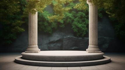 Stone platform with Corinthian pillars and natural trees with shadow background. Historical and landmark object for advertising concept. 3D illustration, Generative AI - obrazy, fototapety, plakaty